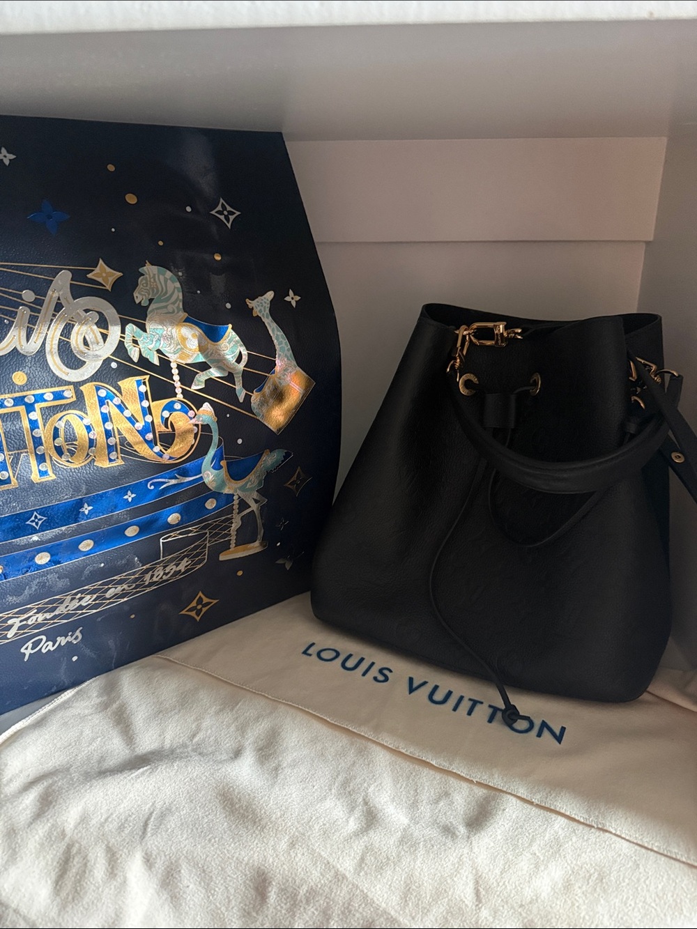 Louis Vuitton Black Leather Drawstring Hobo with Gold Hardware